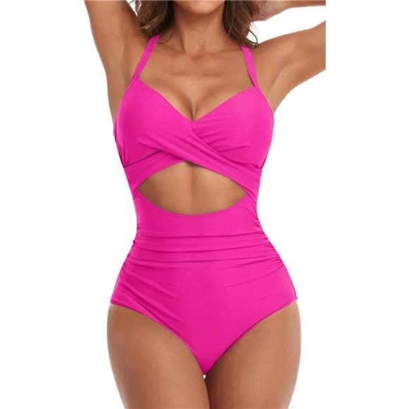 Women's One Piece Swimsuits Tummy Control Cutout High Waisted Bathing DrkPnk